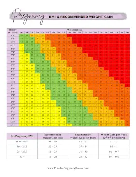 BMI Chart And Weight Recommendation Printable Pregnancy Planner