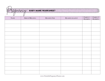 Baby Name Worksheet Printable Pregnancy Planner