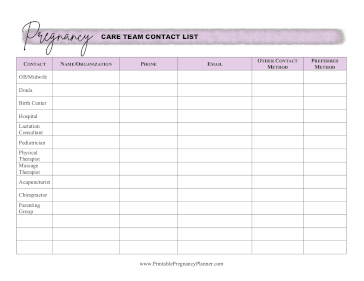 Care Team Contact List Printable Pregnancy Planner