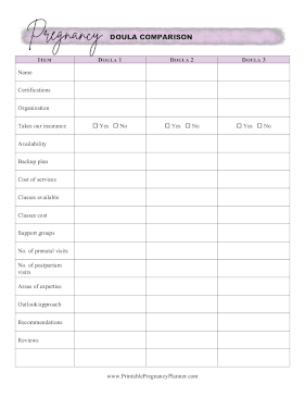 Doula Comparison Printable Pregnancy Planner