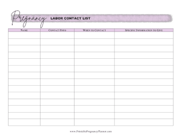 Labor Contact List Printable Pregnancy Planner