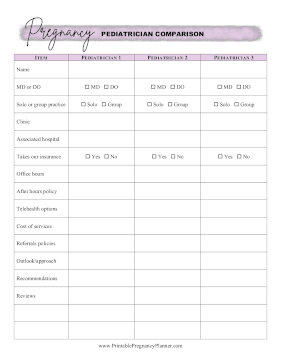 Pediatrician Comparison Printable Pregnancy Planner